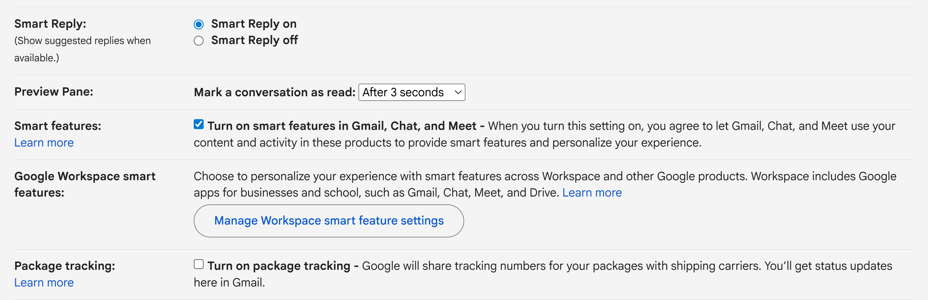 Smart features and personalization setting in Gmail