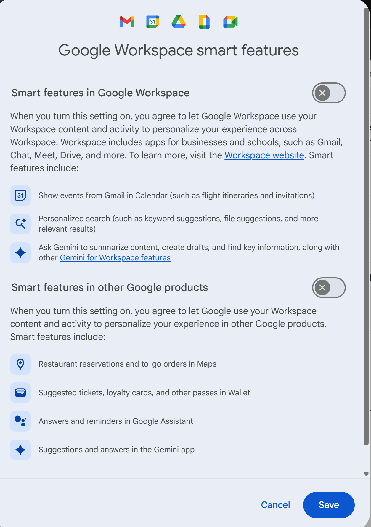 Google Workspace smart features settings panel