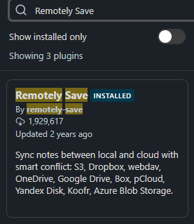 Remotely Save plugin in Obsidian community plugins browser