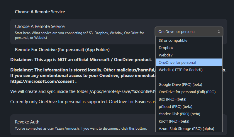 Remotely Save plugin settings showing OneDrive Personal selected