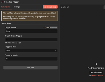 Schedule trigger configuration in n8n