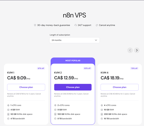 Hostinger n8n VPS plan selection
