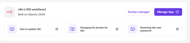 Hostinger VPS dashboard with Manage App button