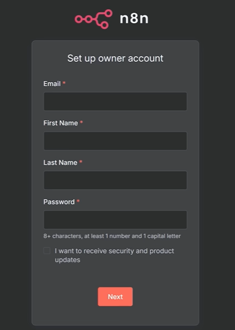 n8n self-hosted signup page