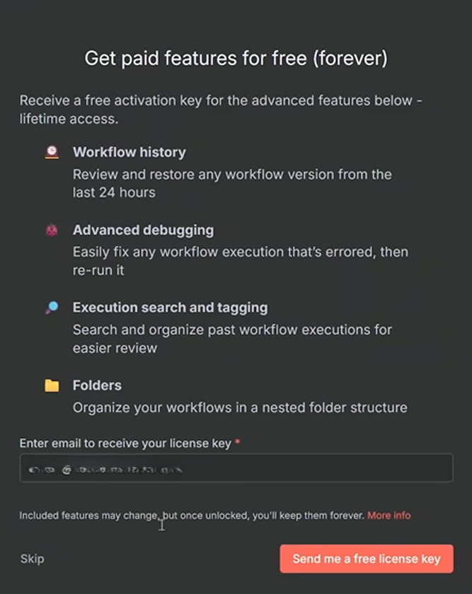 n8n activation key entry under Usage and Plan