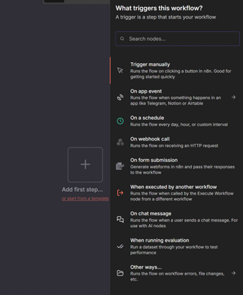 n8n trigger options when creating a new workflow